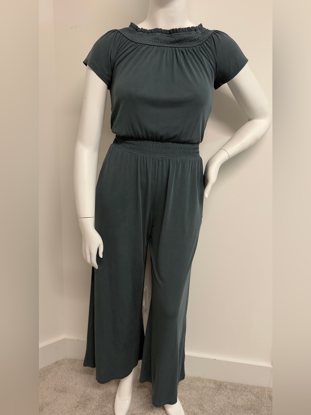 Saturday Sunday Anthropologie Blue Teal Smocked Wide Leg Jumpsuit Size S